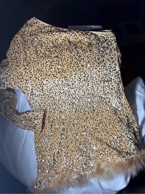 Grace and Emma Sequin and Feather Trim Long Sleeve Dress- Gold Sequin- XXL